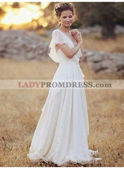 Flouncing Sleeve Sheer Backless Applique Tiers Pleated Bowknot Wedding Dresses 