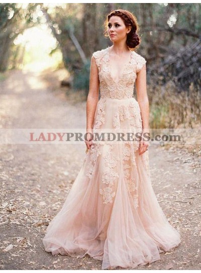 Natural V Neck Tulle Champagne Appliques Sleeveless Elegant Wedding Dresses