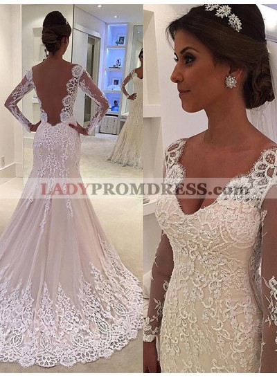 Sheer Long Sleeve Beige V Neck Sweetheart Mermaid Chapel Train Backless Wedding Dresses