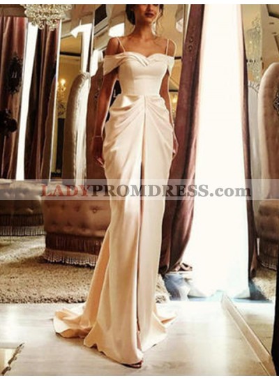 Mermaid Off Shoulder Champagne Spaghetti Straps Backless Chapel Train Ruffle Wedding Dresses