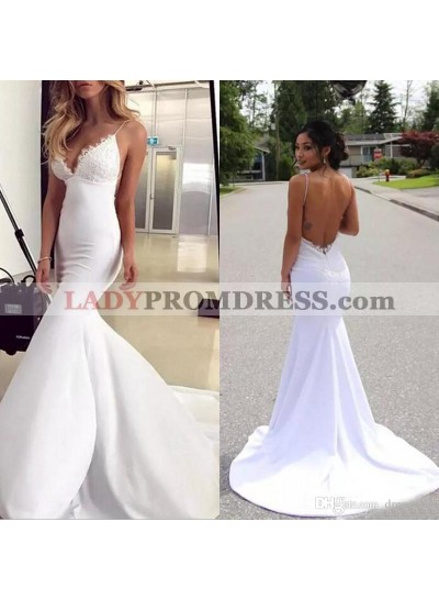 White Backless Mermaid Deep V Spaghetti Straps Sleeveless Wedding Dresses