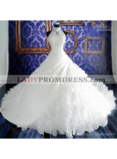 Ruching Tiers Sheer High Neck Sleeveless Lace Applique Backless Wedding Dresses