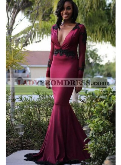 2023 Junoesque Burgundy V Neck Long Sleeve Applique Mermaid/Trumpet Taffeta Prom Dresses