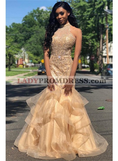 2023 Glamorous Champagne Halter Beading Mermaid/Trumpet Organza Tiers Prom Dresses