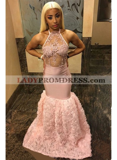 2023 Super Hot Pink Halter Lace Mermaid/Trumpet Flowers See Through Prom Dresses
