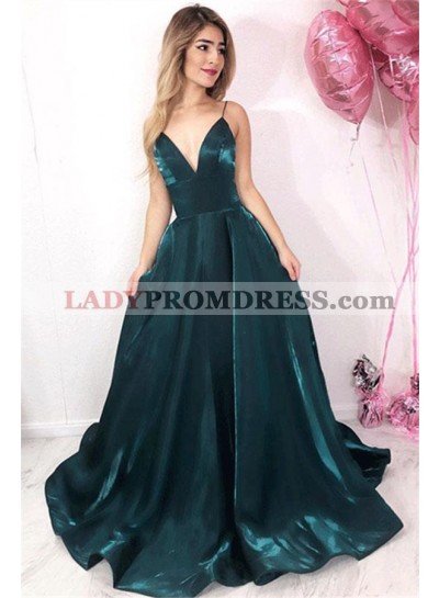2023 Gorgeous Dark-Green A-Line/Princess V Neck Spaghetti Straps Satin Prom Dresses