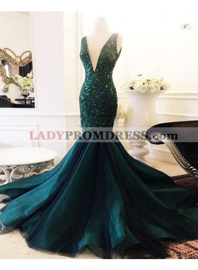 2023 Unique Dark-Green Sequins Beaded V Neck Sleeveless Tulle Mermaid/Trumpet Prom Dresses