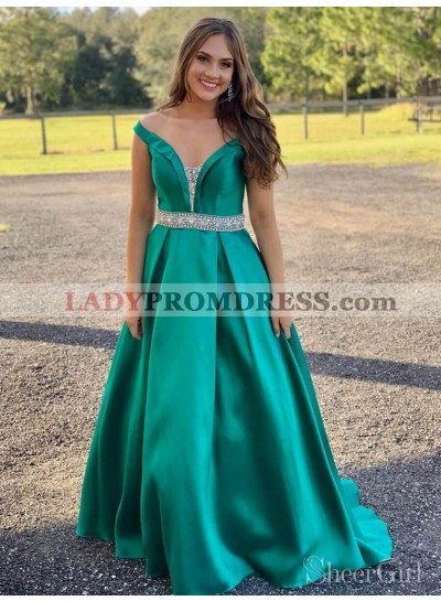 2023 Classic Jade A-Line/Princess V Neck Off-The-Shoulder Beaded Satin Plus Size Prom Dresses