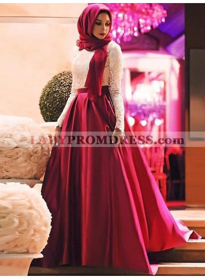 2023 Muslim A-Line/Princess White Lace Burgundy Satin Long Sleeve Prom Dresses