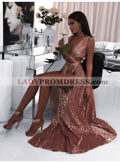 2023 Seductive Dusty-Rose V Neck Criss-Cross Double Split-Front Sequins Beaded Prom Dresses