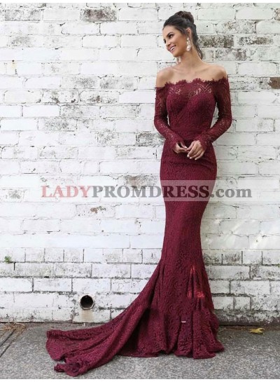 2023 Elegant Burgundy Off-The-Shoulder Long Sleeve Lace Mermaid/Trumpet Court Train Prom Dresses