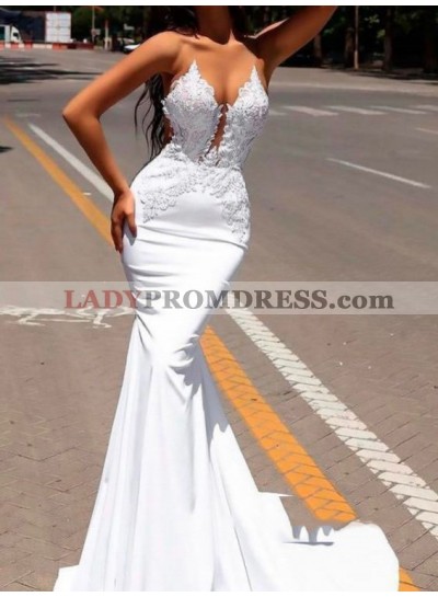 2023 Chic White Satin Georgette Applique See Through Mermaid/Trumpet Backless Prom Dresses