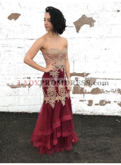 2022 Glamorous Burgundy Strapless Sweetheart High-Low Tiers Applique Beaded Organza Prom Dresses