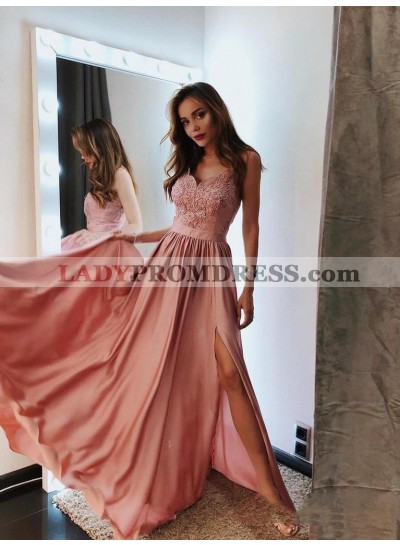 2022 Charming Dusty-Rose Spaghetti Straps Split-Front Applique Beaded Taffeta Prom Dresses