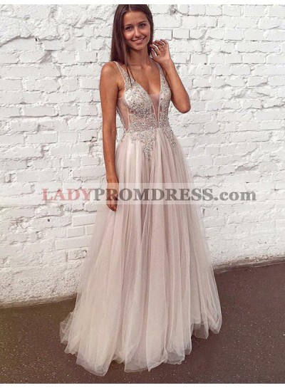 2023 Chic & Modern Ivory A-Line/Princess V Neck Tulle Applique Lace Beaded See Through Prom Dresses