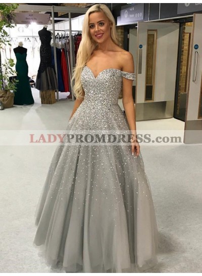 2023 New Arrival Light-Slate-Gray A-Line/Princess Sweetheart Off-The-Shoulder Beaded Tulle Prom Dresses
