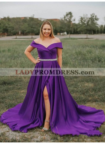 2023 Violet A-Line/Princess Off-The-Shoulder Sweetheart Split-Front Beaded Plus Size Satin Prom Dresses