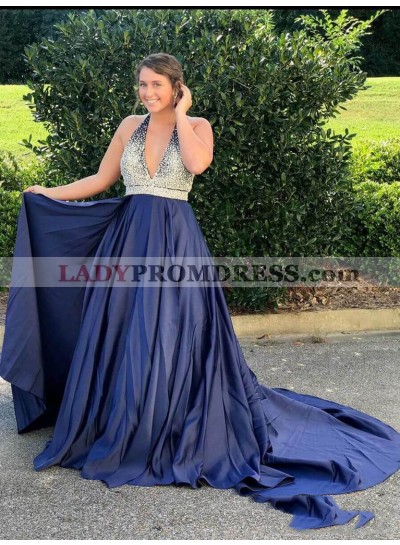 2023 Glamorous A-Line/Princess Halter V Neck Beaded Dark-Navy Taffeta Prom Dresses With Train