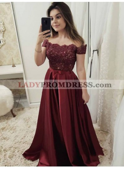 2023 Sexy & Elegant A-Line/Princess Off-The-Shoulder Burgundy Lace Beaded Bowknot Satin Prom Dresses