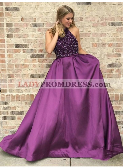 2023 Glamorous Purple A-Line/Princess Halter Beaded Sleeveless Satin Prom Dresses