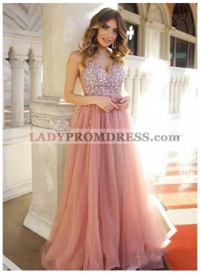 2023 New Arrival Dusty-Rose Tulle V Neck Sleeveless Beaded See Through Prom Dresses