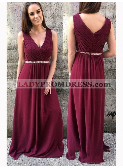 2023 Burgundy Sheath/Column V Neck Sleeveless Pleated Beaded Chiffon Prom Dresses