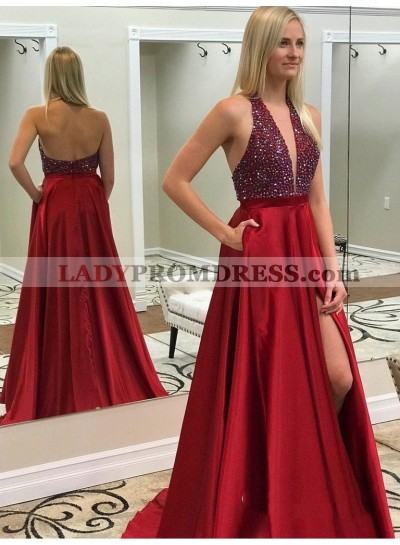 2023 Empire Red Halter V Neck Sleeveless Backless Split-Front Beaded Satin Prom Dresses
