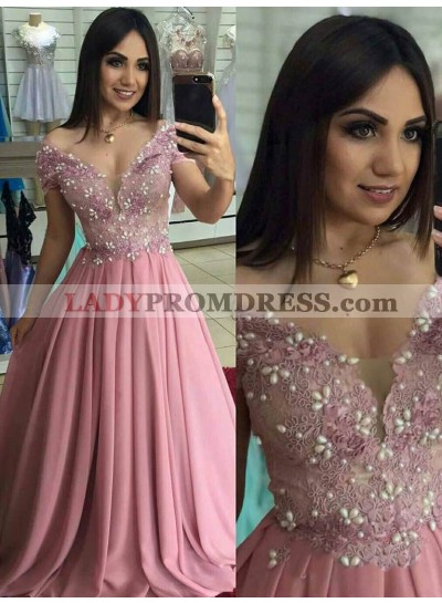 2023 Sweet Style A-Line/Princess Dusty-Rose Off-The-Shoulder V Neck Chiffon Applique Beaded Prom Dresses