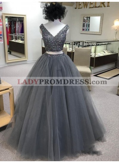 2022 Modern Two Pieces Ball Gown V Neck Sleeveless Beaded Tulle Prom Dresses