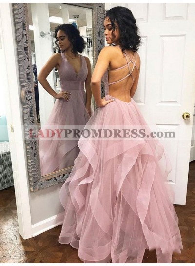 2023 Glamorous Dusty-Rose V Neck Pleated Backless Sleeveless Criss Cross Tiers Organza Prom Dresses