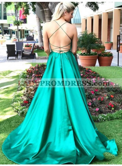2023 Brilliant Jade A-Line/Princess Backless Sleeveless Criss Cross Satin Prom Dresses