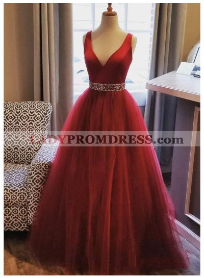 2023 Modern Red A-Line/Princess V Neck Sleeveless Beaded Tulle Prom Dresses