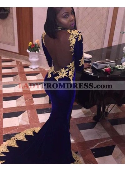 2023 Royal-Blue Velvet Long Sleeve Backless Applique Mermaid/Trumpet Prom Dresses