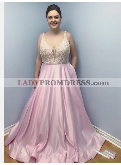 2023 Charming Plus Size A-Line/Princess V Neck Sleeveless Backless White Beaded Pink Satin Prom Dresses