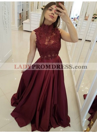 2023 Burgundy A-Line/Princess High Neck Sleeveless Lace Beaded Satin Prom Dresses