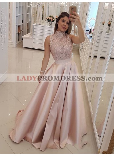 2023 Glamorous Dusty-Rose A-Line/Princess High Neck Sleeveless Lace Beaded Sleeveless Satin Prom Dresses