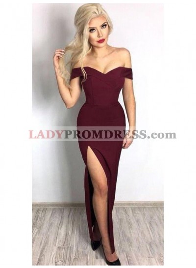 2023 Intellective Burgundy Sheath/Column Off-The-Shoulder Sweetheart Split-Front Prom Dresses