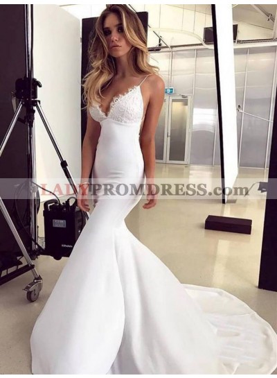 2023 White Satin Applique Mermaid/Trumpet V Neck Sleeveless Criss Cross Prom Dresses