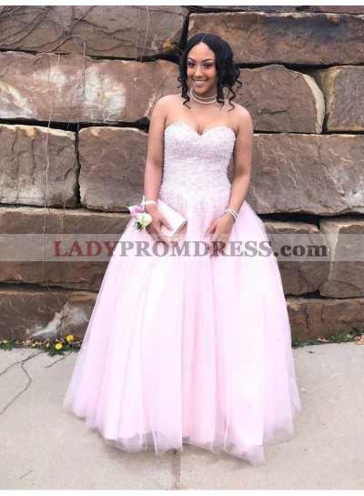 2023 Dreamy Pink Ball Gown Sweetheart Sleeveless Lace Up Beaded Tulle Prom Dresses