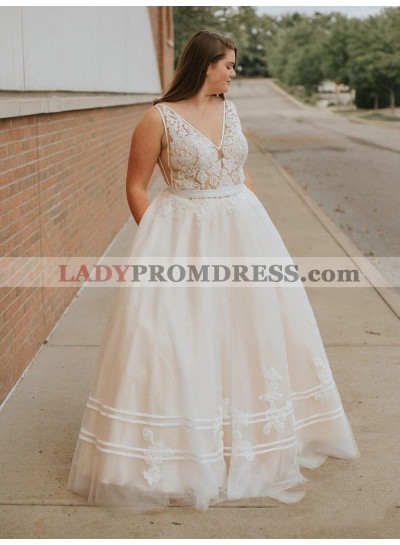 2023 Glamorous Ivory Ball Gown V Neck Sleeveless Lace Applique Tulle Plus Size Prom Dresses