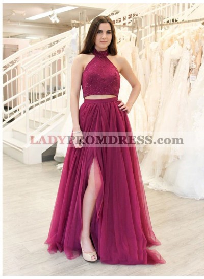 2023 Brilliant Burgundy Two Pieces Halter Sleeveless Beaded Split-Front Tulle Prom Dresses