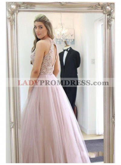 2022 Sweet Dusty-Rose A-Line/Princess Sleeveless Applique Beading Tulle Prom Dresses