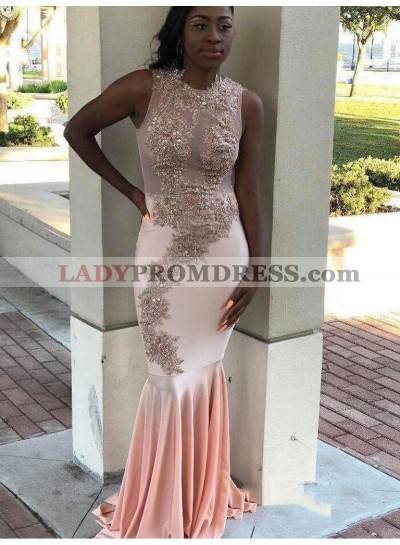 2023 Charming Dusty-Rose Scoop Neck Sleeveless Applique Beaded Mermaid/Trumpet Prom Dresses