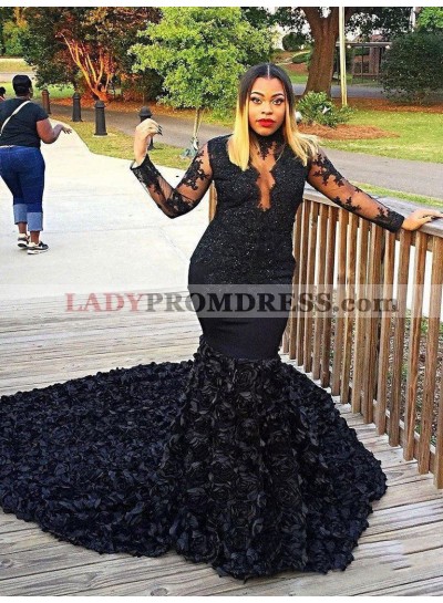 2023 Black Long Sleeve High Neck Applique Beaded Mermaid/Trumpet Flowers Prom Dresses