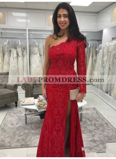 2023 Charming Red Lace Sheath/Column One Shoulder Split-Front Prom Dresses