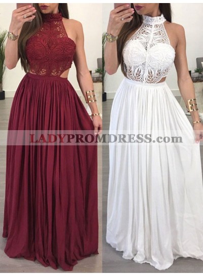 2023 Burgundy White Lace High Neck Sleeveless Sheath/Column Chiffon Prom Dresses