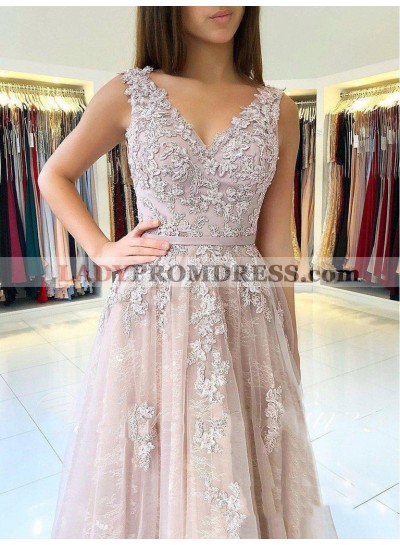 2023 Elegant Dusty-Rose A-Line/Princess V Neck Sleeveless Applique Tulle Prom Dresses