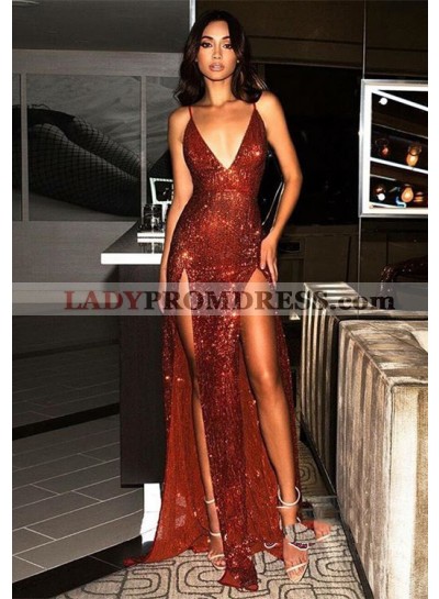 2023 Glamorous Burgundy Sequins Sheath/Column V Neck Backless Sleeveless Double Split-Front Prom Dresses
