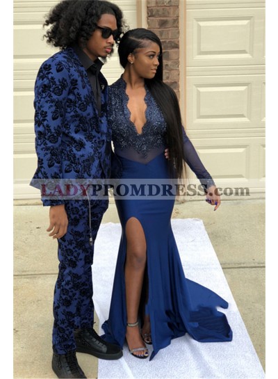 2023 Navy Blue Long Sleeve V Neck Applique Split Front Mermaid/Trumpet Prom Dresses