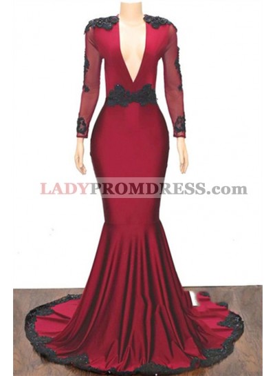 2023 Elegant Mermaid/Trumpet V Neck Long Sleeve Applique Beaded Backless Satin Prom Dresses